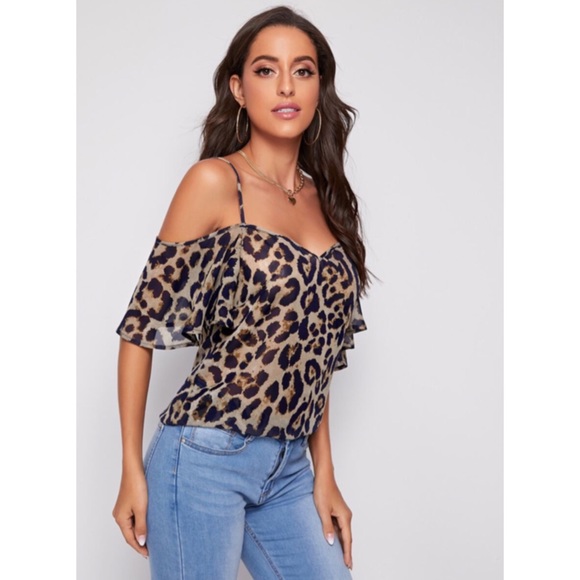 1 XL LEFT! Leopard Cold Shoulder Top Blouse Shirt - Picture 3 of 12